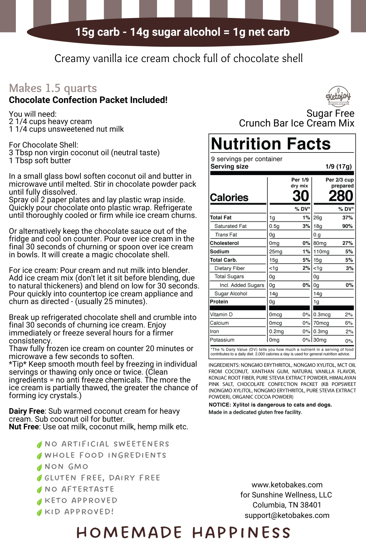 Ice Cream Mix - CRUNCH BAR - 1g net carb