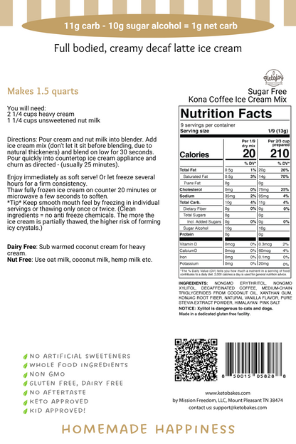 Ice Cream Mix - KONA COFFEE - 1g net carb